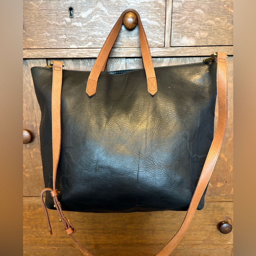 Madewell Black Leather Tote with Tan Straps